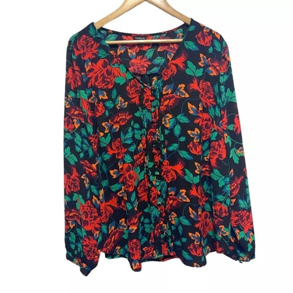 Torrid Top Womens 2X Floral Long‎ Sleeve Romantic Pin Tuck V Neck Relaxed Button
